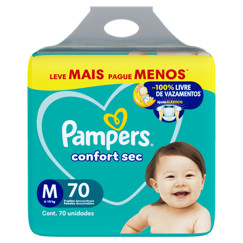 Pampers Fralda Descartável Confort Sec M 70 Unidades - Gel Mágico 12h Antivazamento