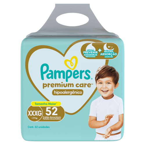 Fralda Descartável Premium Care Hipoalergênico XXXG Dia e Noite 52 Unidades Pampers