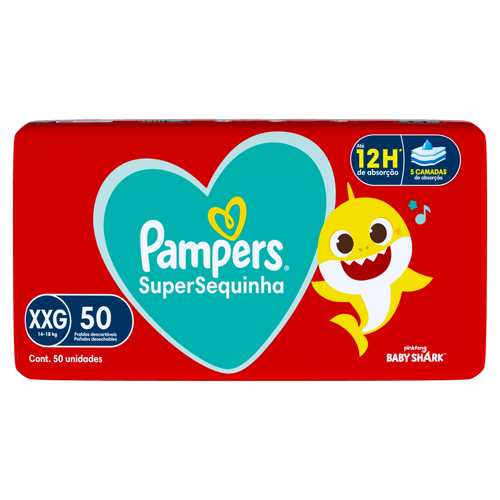 Pampers Fralda Descartável SuperSequinha Baby Shark XXG (14-18kg) 50un 12h Antivazamento