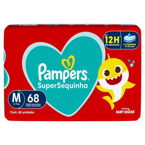 Pampers Fralda Descartável SuperSequinha Baby Shark M 6-10kg 68un antivazamento 12h