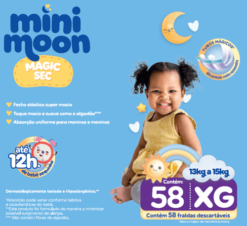 Mini Moon Fralda Descartável Magic Sec Mega XG 58un Tubos Mágicos 12h