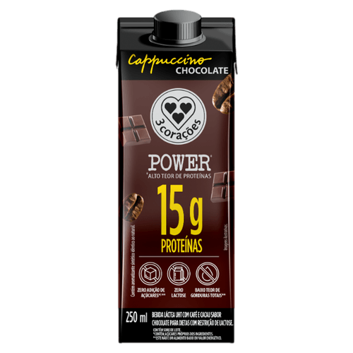 3 Corações Bebida Láctea Power Cappuccino Chocolate sem lactose 15g proteína 250ml