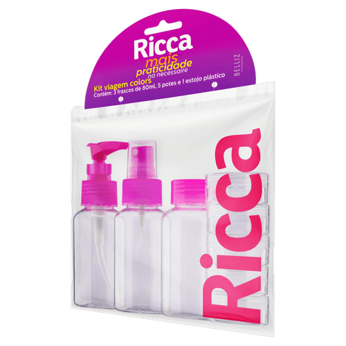 Ricca Kit Viagem Rosa - 3 Frascos 80ml + 5 Potes 10ml Estojo