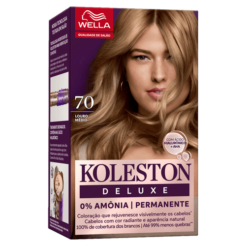 KOLESTON COLORACAO PERMANENTE Kit Creme Sem Amônia Ácido Hialurônico Deluxe 70 Louro Médio