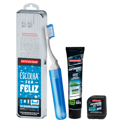 Kit Escova Dental Viagem + Fio Dental 20m + Gel Dental 50g Menta Extreme Ice Dentalclean