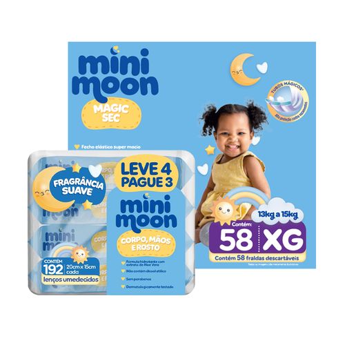 Kit Mini Moon Fralda Magic Sec Mega XG 58 Unidades + Lenço Umedecido com Fragrância 192 Unidades