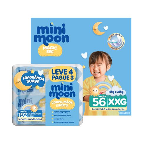 Kit Mini Moon Fralda Magic Sec Mega XXG 56 Unidades + Lenço Umedecido com Fragrância 192 Unidades