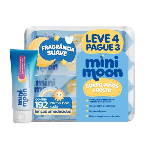 Kit Mini Moon Lenço Umedecido com Fragrância 192 Unidades + Creme Preventivo de Assaduras 30g