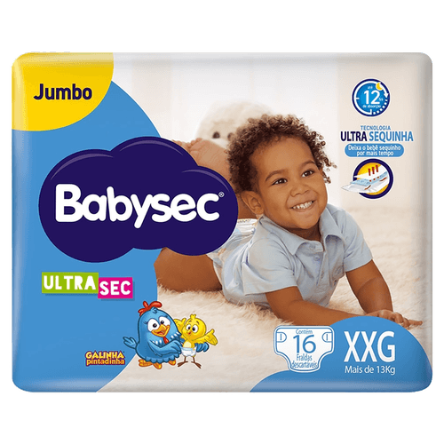 Babysec Fralda Descartável Ultra Jumbo XXG 16un - Proteção 12h, fechos reajustáveis