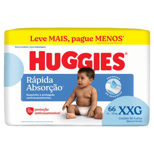 Huggies Fralda Descartável XXG 66 Unidades Rápida Absorção 12h Dia e Noite