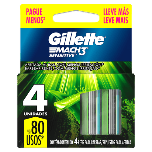 Cargas de Lâminas Mach3 Sensitive 4 Unidades Aloe Vera Gillette