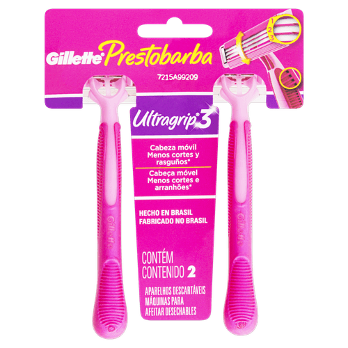 Aparelho de Barbear Descartável Feminino Prestobarba Ultragrip 3 Lâminas 2 un Gillette