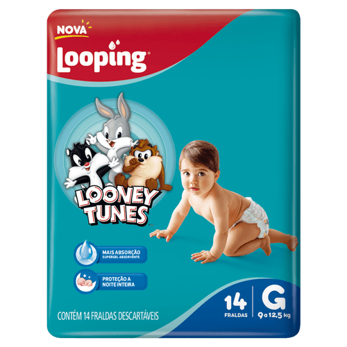 Looney Tunes Fralda Descartável G (9-12,5kg) Looping Jumbo 14un Proteção 10h Super Gel