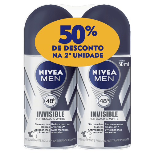 Kit Desodorante Nivea Rollon Black e White 50% Desconto na 2ª Unidade
