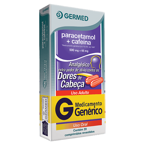 Analgésico Paracetamol + Cafeína Germed 500mg + 65mg Comprimido Revestido 20 Unidades