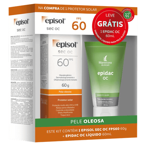 Kit Protetor Solar Toque Seco FPS 60 Mantecorp Skincare Episol Sec Oc 60g Grátis Sabonete Líquido Epidac OC 60ml