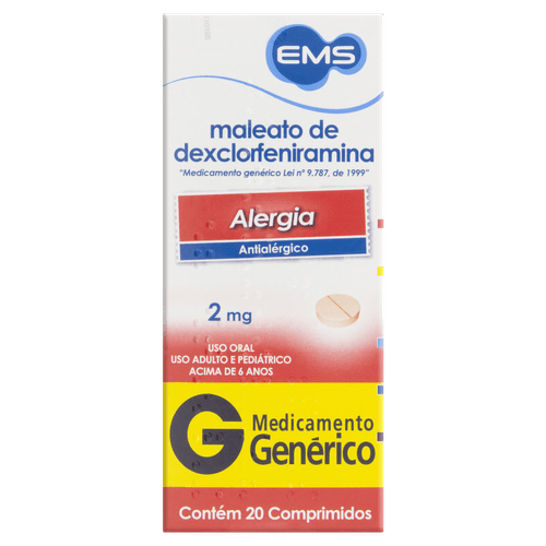 Maleato Dexclorfeniramina 2mg 20 Comprimidos - Genérico - Ems