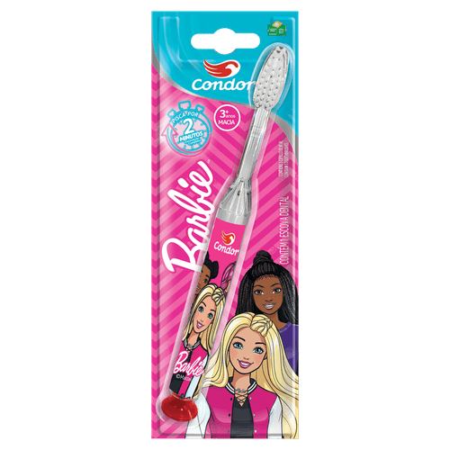 CONDOR ESCOVA DENTAL INFANTIL Barbie LED - Cerdas Macias, Cabeça P, Ventosa, Branco/Rosa