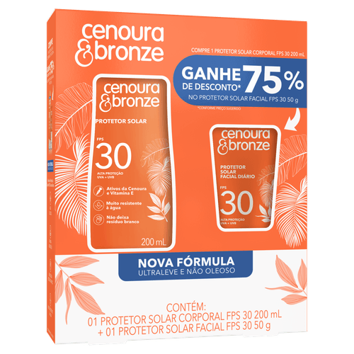 Cenoura Bronze Kit Protetor Solar Toque Seco FPS 30 200ml + Facial 50g Hidratante UVA/UVB