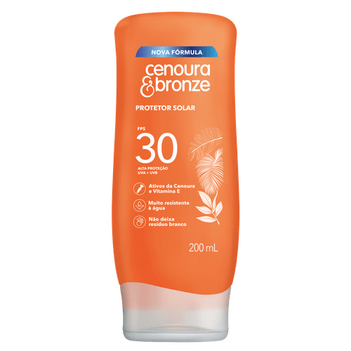 Cenoura & Bronze Protetor Solar Loção FPS 30 200ml com Cenoura e Vitamina E UVA/UVB
