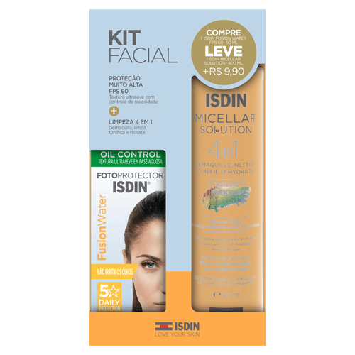 Isdin Protetor Facial Fusion Water FPS 60 Oil Control 50ml + Micelar 4 em 1 400ml
