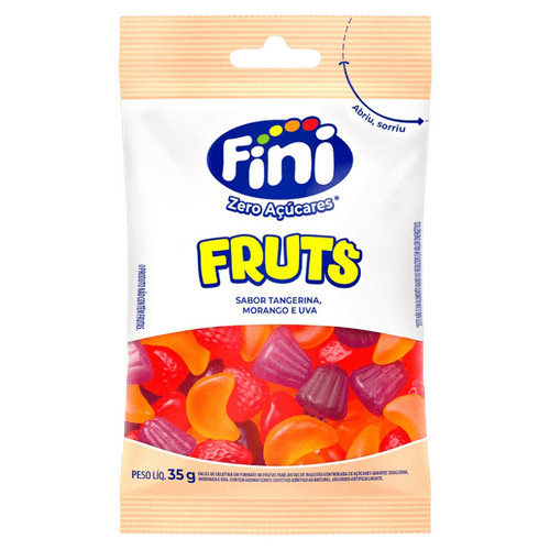Bala de Gelatina Fruts Morango Tangerina Uva 35g Zero Açúcar Fini