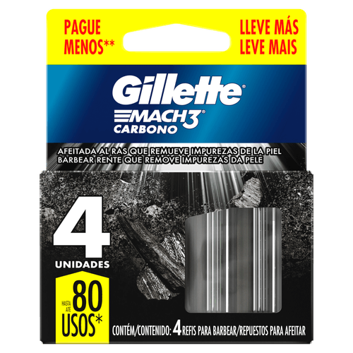 Carga para Aparelho de Barbear Mach3 Carbono 4 Unidades Carvão Gillette