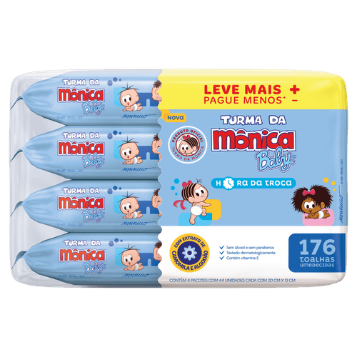 Kit Lenço Umedecido com Extrato de Camomila e Algodão Turma da Mônica Baby - 4 Pacotes com 44 unidades cada