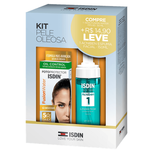 Kit Protetor Solar FPS 60 Isdin Fusion Water 50ml + Espuma de Limpeza Facial Isdin Acniben Oily Skin 150ml