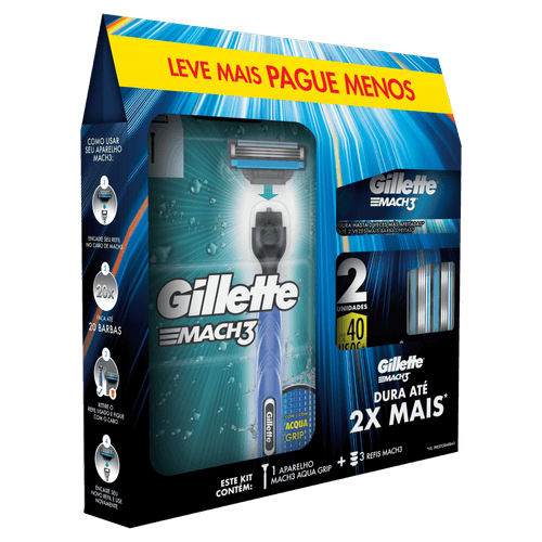 Aparelho Recarregável Mach3 Acqua Grip Kit 1+3 Cargas 3 Lâminas Gillette