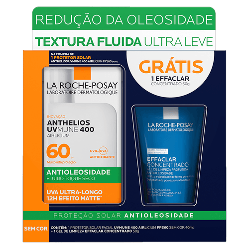ANTHELIOS Protetor Solar Facial Fluido UVMune FPS60 40ml Kit com Gel Effaclar 50g Toque Seco