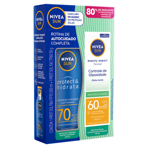 Kit Nivea Sun Rotina de Autocuidado Completa Protetor Solar Protect & Hidrata FPS50 200ml + Protetor Solar Facial Beauty Oleosidade FPS60 50ml