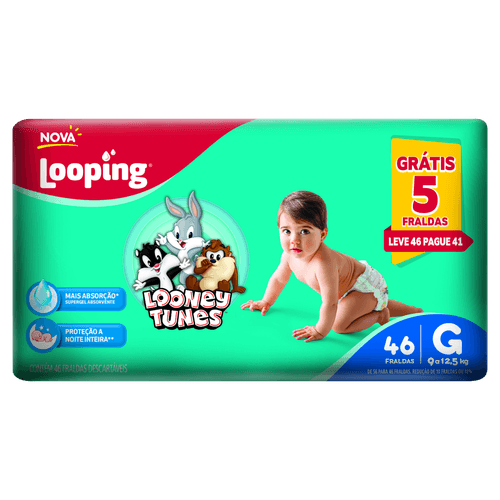 Looney Tunes Fralda Hiper G 46 Un - Alta Absorção Secagem Rápida Hipoalergênica