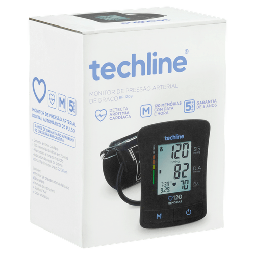 Monitor de Pressão Digital de Braço BP-1209 Preto 22-36cm Detecção Arritmia Techline