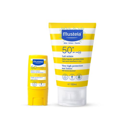 Kit Mustela Loção Protetor Solar FPS 50+ Infantil e Adulto 100ml + Protetor Solar Facial Stick FPS 50 em Bastão 8g