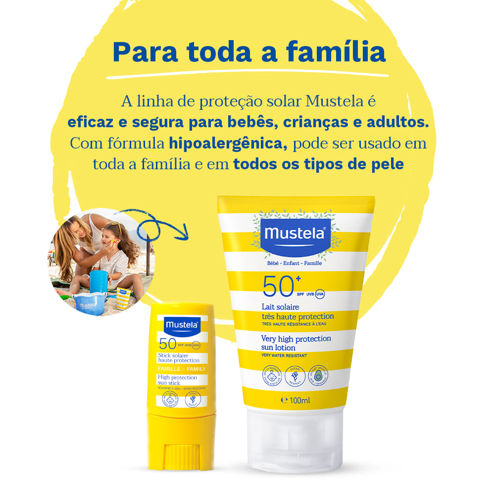 Encontraproduto.com.br - Kit Mustela Loção Protetor Solar FPS 50+ Infantil e Adulto 100ml + Protetor Solar Facial Stick FPS 50 em Bastão 8g