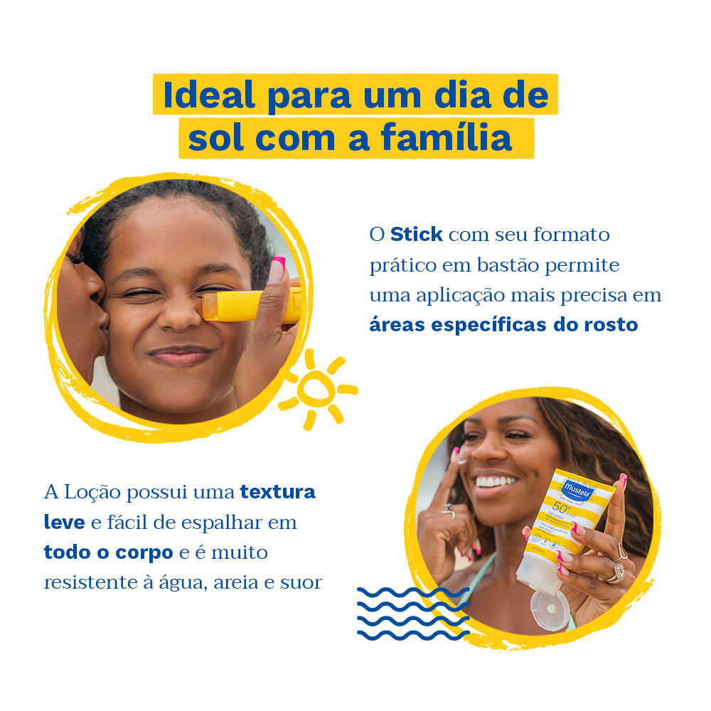 Encontraproduto.com.br - Kit Mustela Loção Protetor Solar FPS 50+ Infantil e Adulto 100ml + Protetor Solar Facial Stick FPS 50 em Bastão 8g