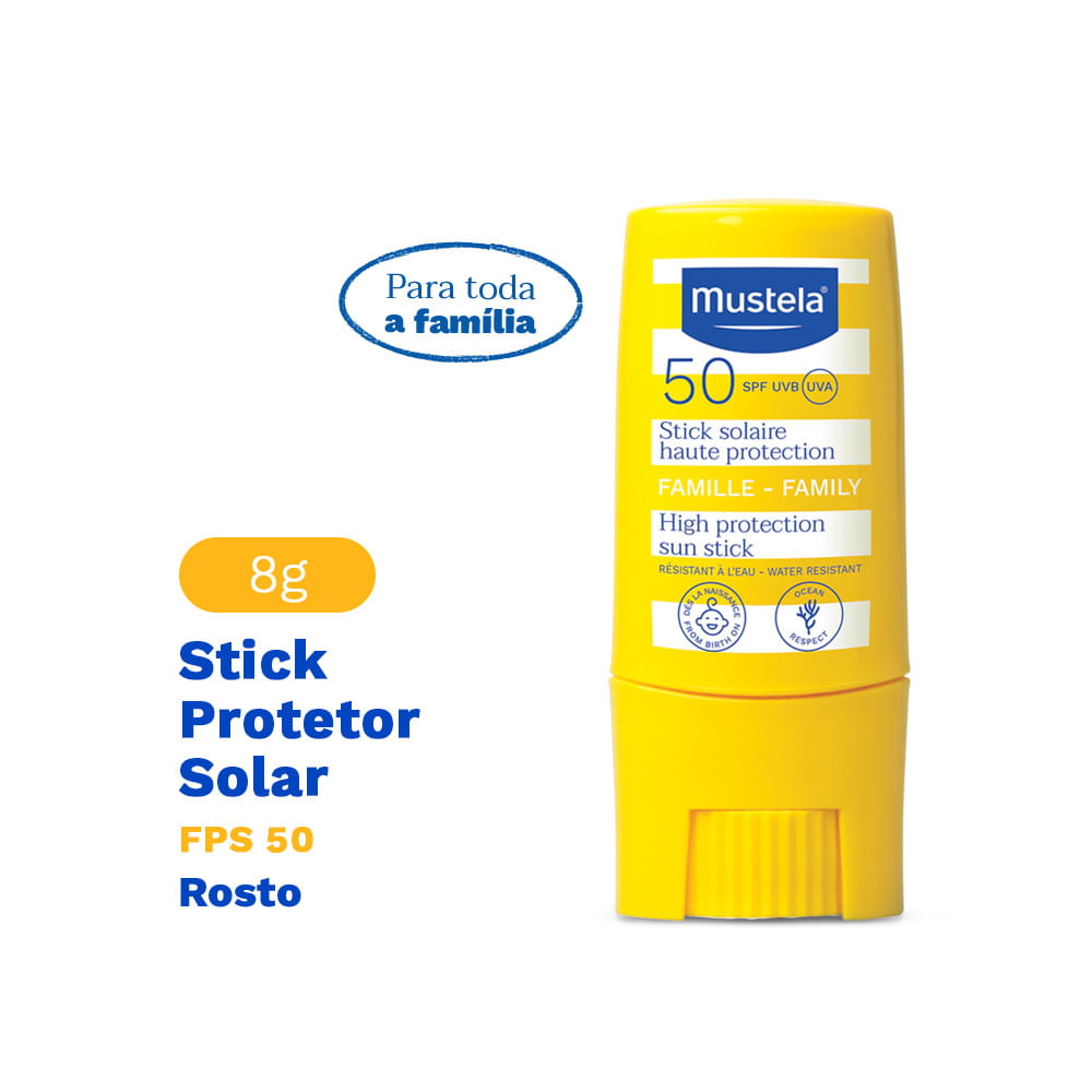 Encontraproduto.com.br - Kit Mustela Loção Protetor Solar FPS 50+ Infantil e Adulto 100ml + Protetor Solar Facial Stick FPS 50 em Bastão 8g