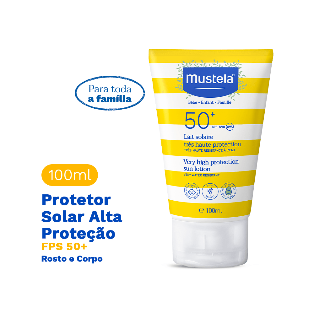 Encontraproduto.com.br - Kit Mustela Loção Protetor Solar FPS 50+ Infantil e Adulto 100ml + Protetor Solar Facial Stick FPS 50 em Bastão 8g