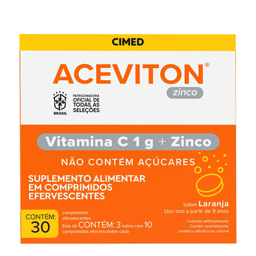 Aceviton Zinco 1g + 10mg Sabor Laranja 30 Comprimidos Efervescentes Cimed suplemento vitamínico