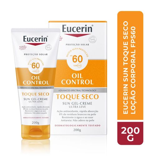 EUCERIN Protetor Solar Corporal Oil Control FPS 60 200ml, Toque Seco, Anti Areia, Proteção UVA, UVB e Luz Visível