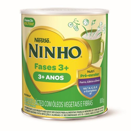 Nestle Composto Lácteo Ninho Fases 3+ Zero Lactose 800g com 18 vitaminas e prebióticos