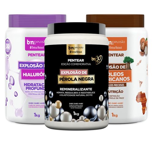 Kit Creme de Pentear Explosão de Hialurônico + Pérola Negra + Óleos Africanos (3 itens)