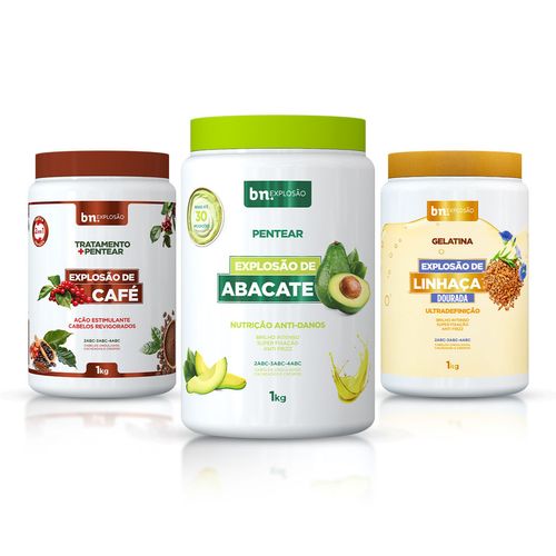 Kit Combo Creme de Pentear e Tratamento Explosão de Café + Abacate + Gelatina de Linhaça 1Kg (3 itens)