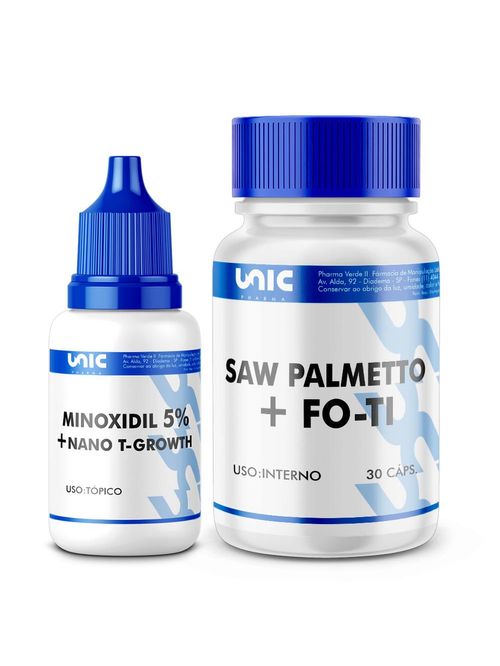 Minoxidil 5% + Nano T-Growth (30Ml) + Saw Palmetto+ Fo-Ti - 30 Cápsulas