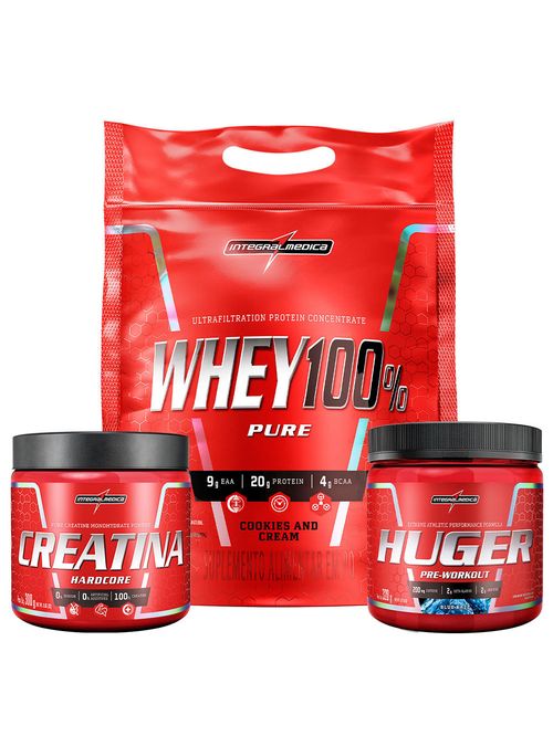 Kit Whey 100% 900g Pouch Cookies and Cream + Creatina 100% Pura 300g + Huger 320g Blue Razz