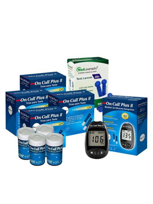 Monitor de Glicose On Call Plus II Kit 200 Tiras 100 Lancetas Medlevensohn