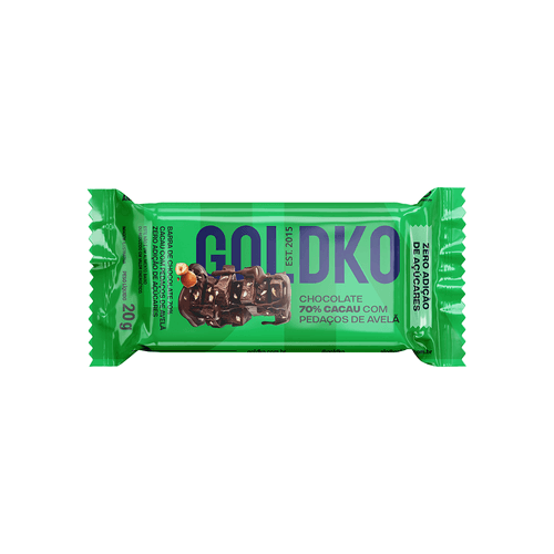 Chocolate 70% Cacau com Avelã Zero Açúcar Vegano Goldko - 20g