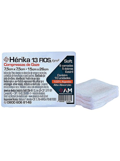 Compressa Gaze Hérika Estéril 13 Fios 7.5x7.5cm - 10 compressas