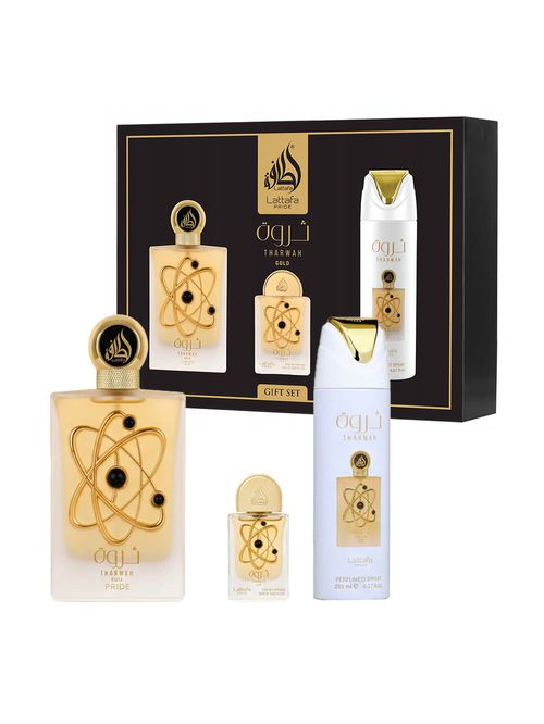 Kit Lattafa Tharwan Gold Edp 100ml + 20ml + Deso 200ml